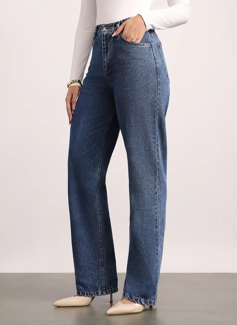 Urbano Fashion Women's Blue High Rise Straight Fit Washed Jeans Non-Stretchable